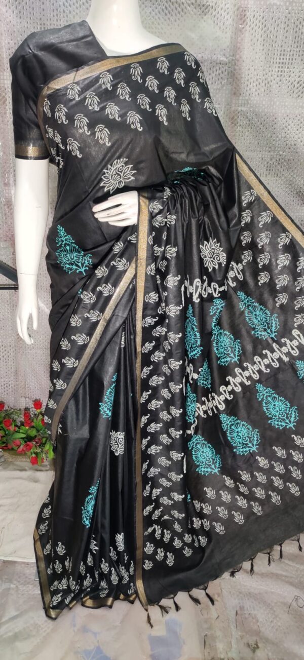 Hand Block Printed Katan Silk Sharees with Blouse Piece from a remote weavers' village in Bihar