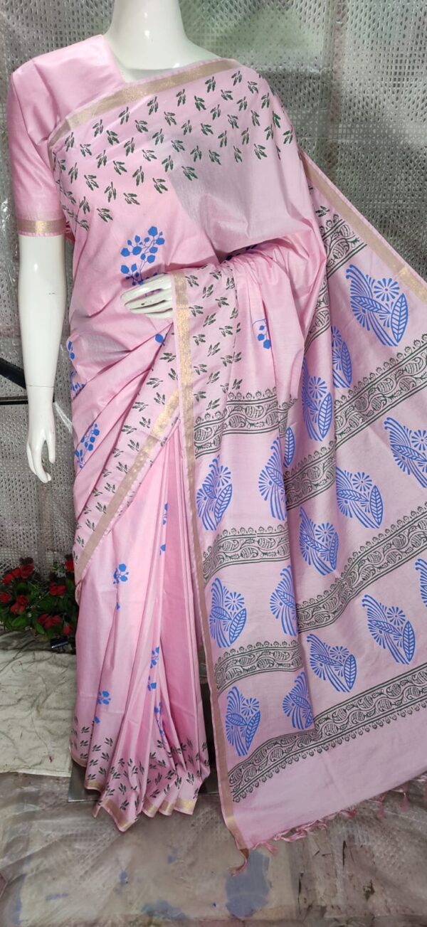 Hand Block Printed Katan Silk Sharees with Blouse Piece from a remote weavers' village in Bihar